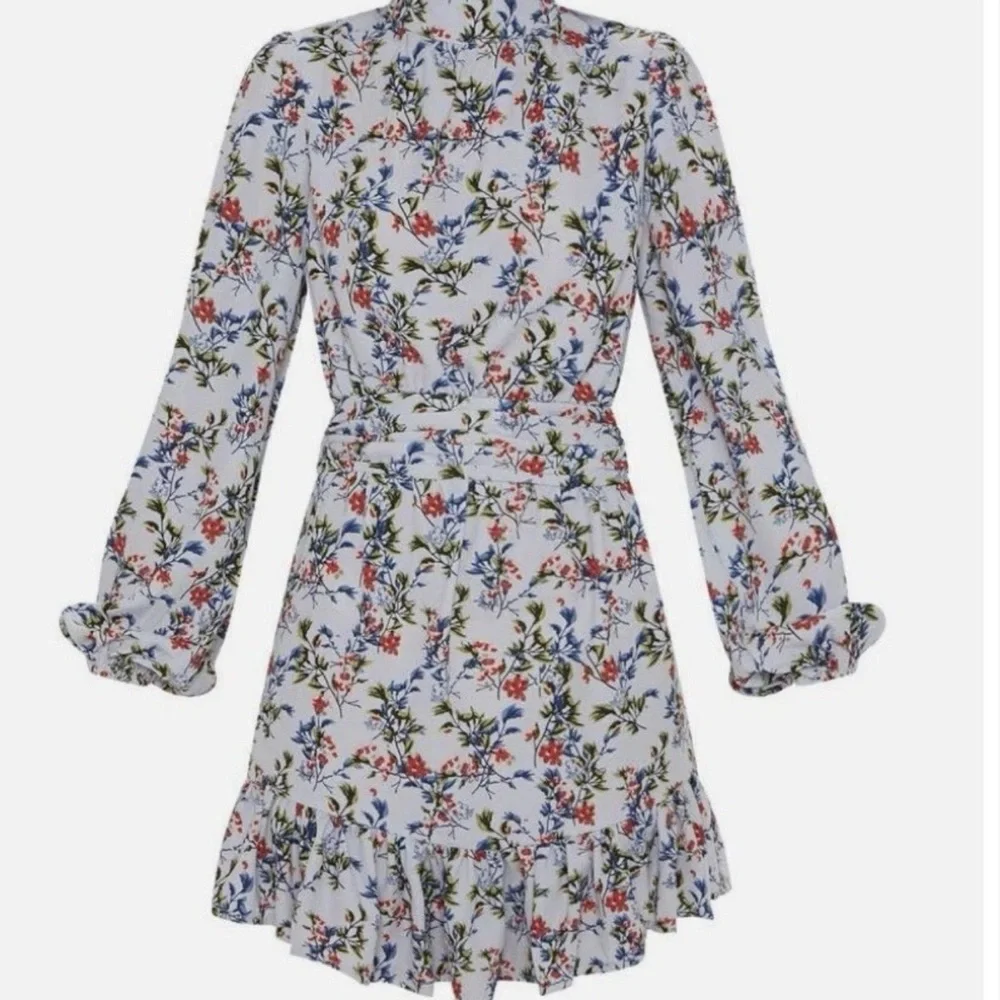 PrettyLittleThing White Floral Long Sleeve Ruffle Mini Dress Sz 6 - Picture 3 of 4